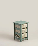 Vista en perspectiva trasera y lateral del mueble mostrando los acabados de la madera y uniones