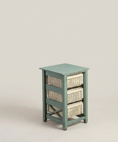 Vista en perspectiva trasera y lateral del mueble mostrando los acabados de la madera y uniones