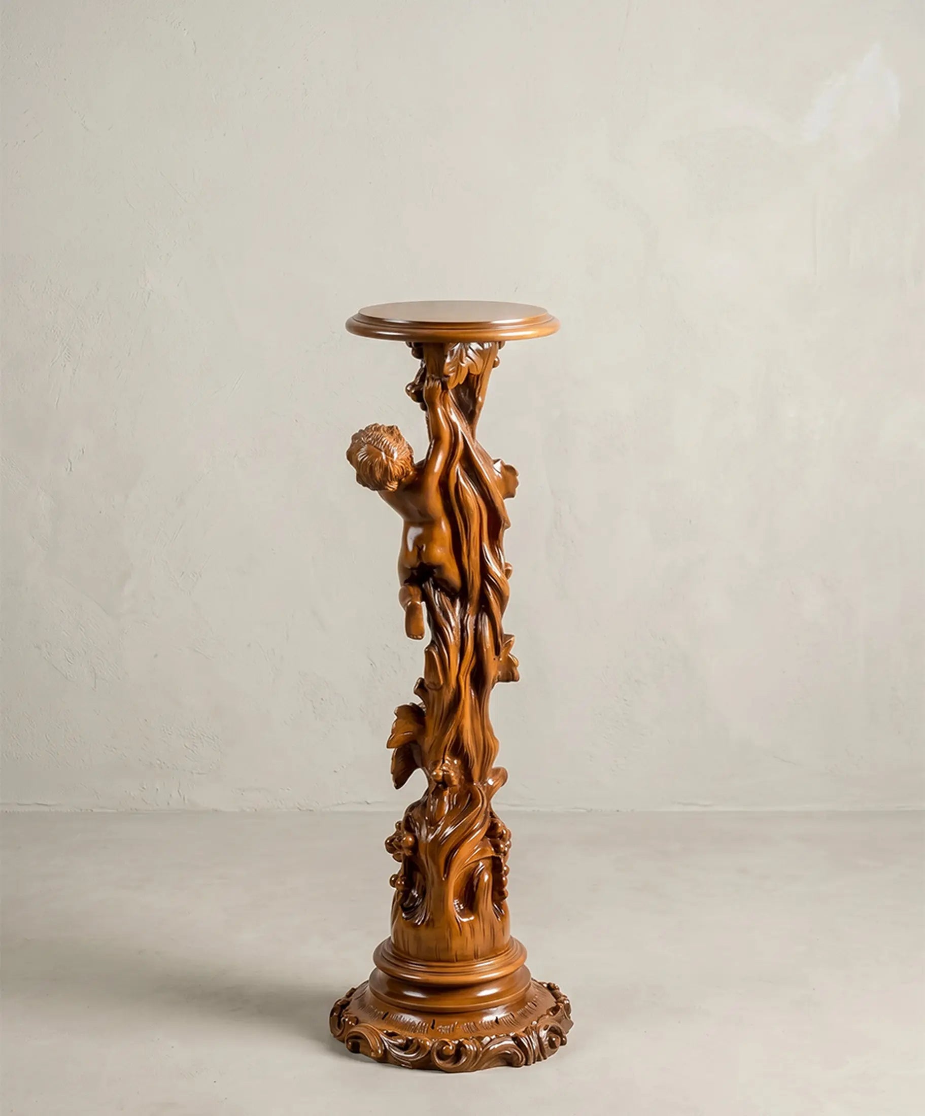 Vista trasera pedestal escultorico madera nogal tallada a mano siglo XIX — Antique Arte y Decoracion