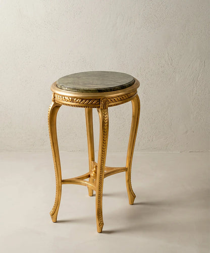 Mesa Velador Antigua Dorada con Mármol Verde | Estilo Luis XV