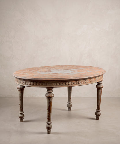 Mesa ovalada francesa estilo Luis XVI en tres cuartos, tablero decapé — Antique Arte y Decoración