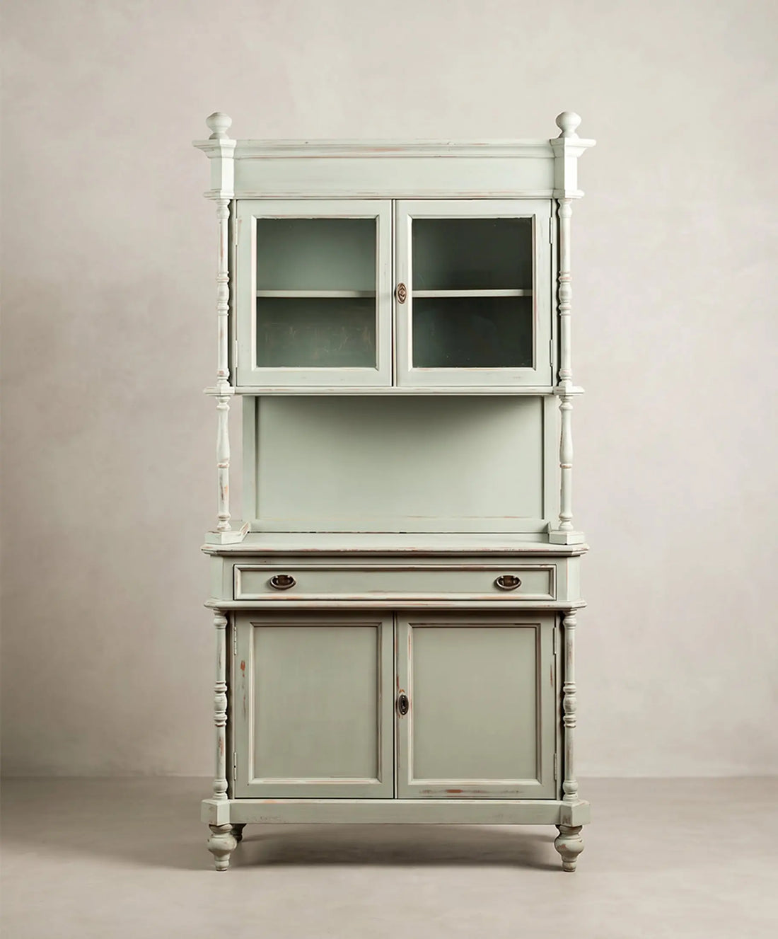 Alacena alta vintage azul cielo decapé vista frontal vitrina y buffet de dos cuerpos — Antique Arte y Decoración