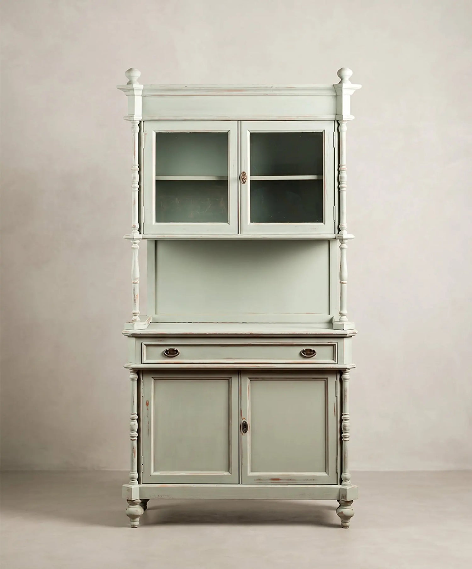 Alacena alta vintage azul cielo decapé vista frontal vitrina y buffet de dos cuerpos — Antique Arte y Decoración