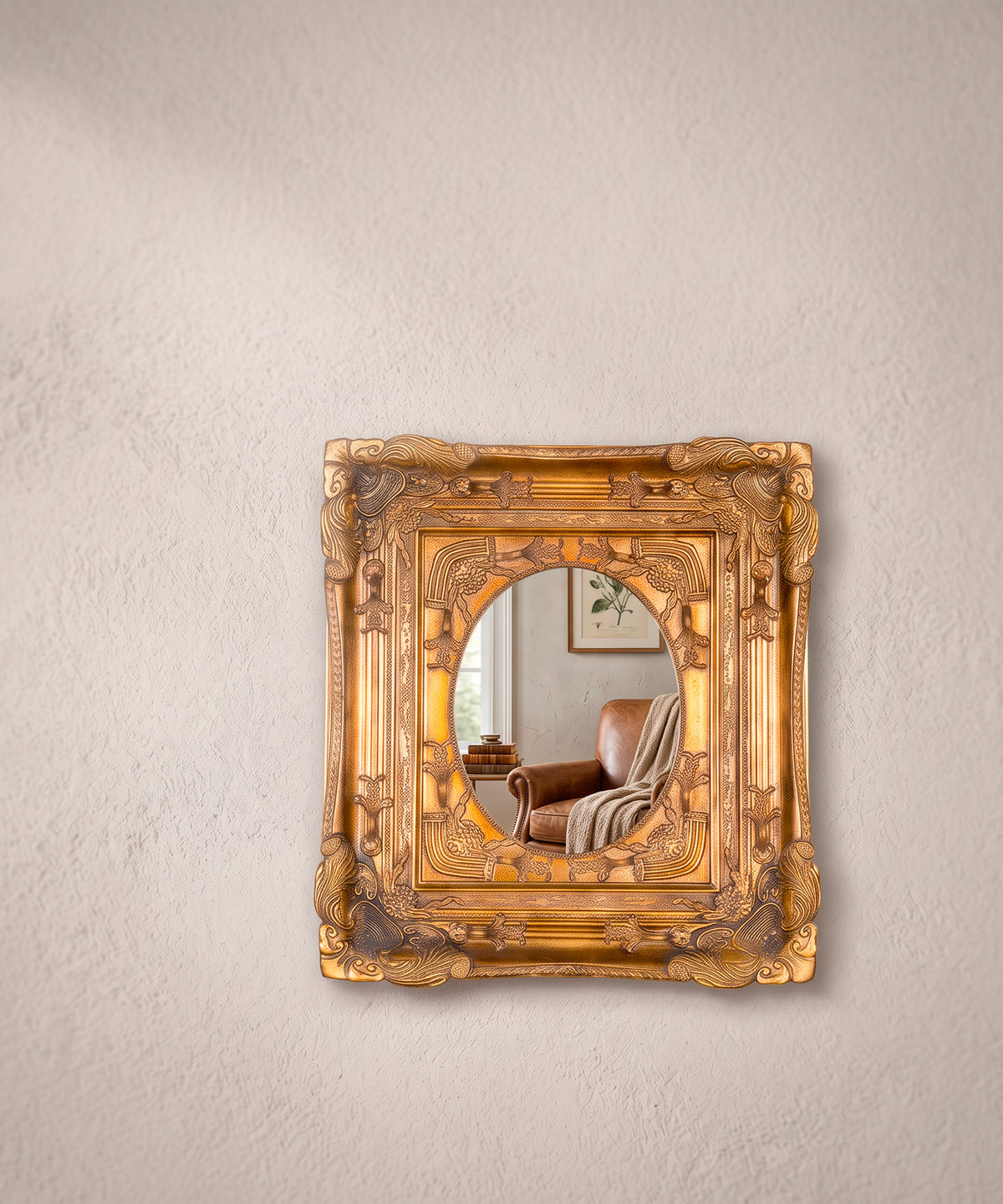 Espejo vintage de marco dorado en relieve con cristal oval, vista frontal — Antique Arte y Decoración