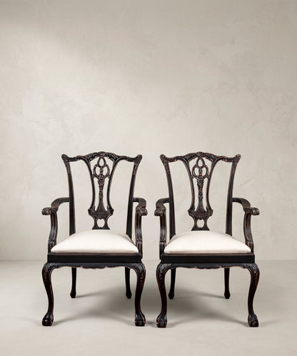 Pareja de sillones vintage Chippendale negro decapado vista frontal — Antique Arte y Decoración