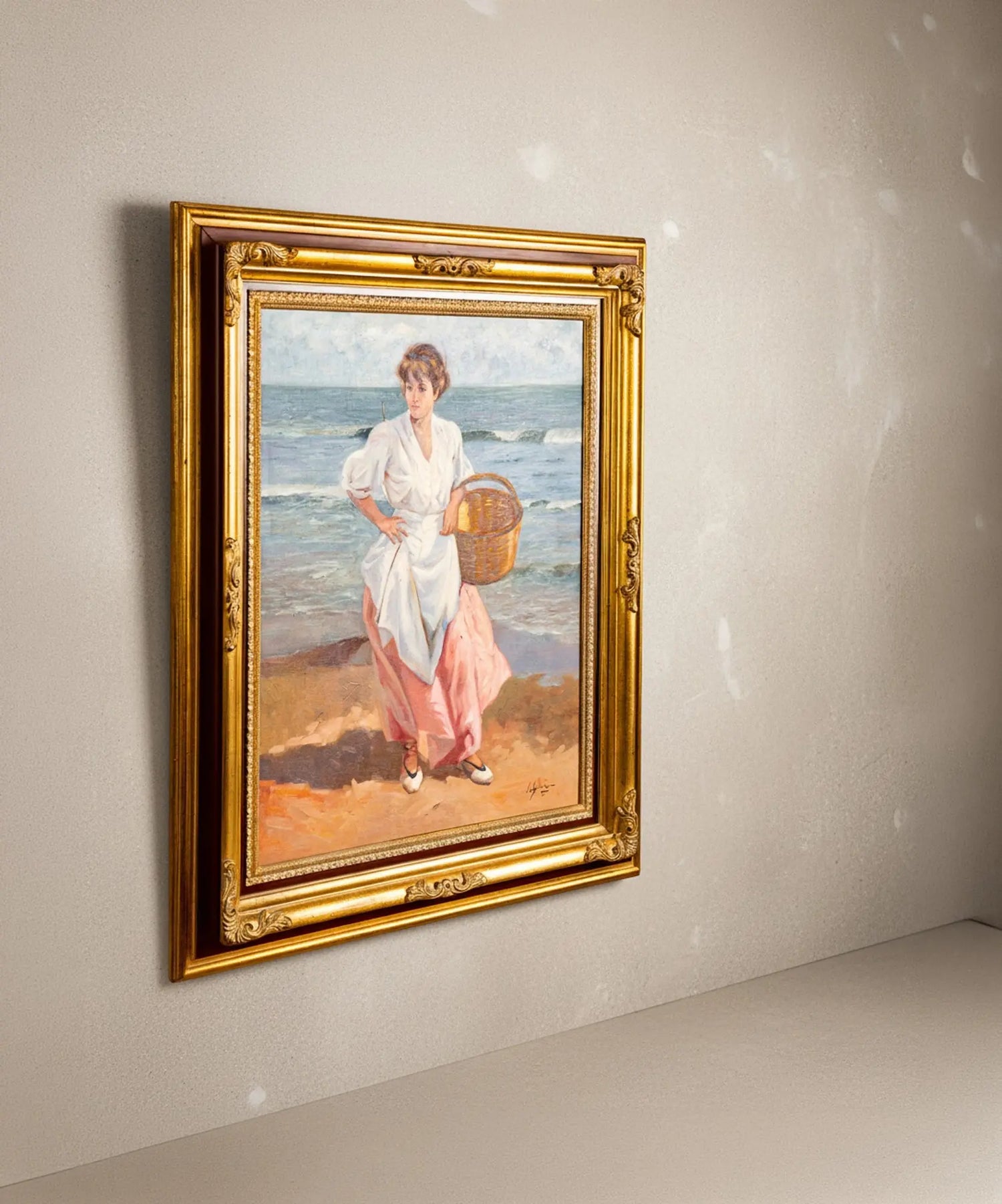 Cuadro con pintura costumbrista y marco dorado