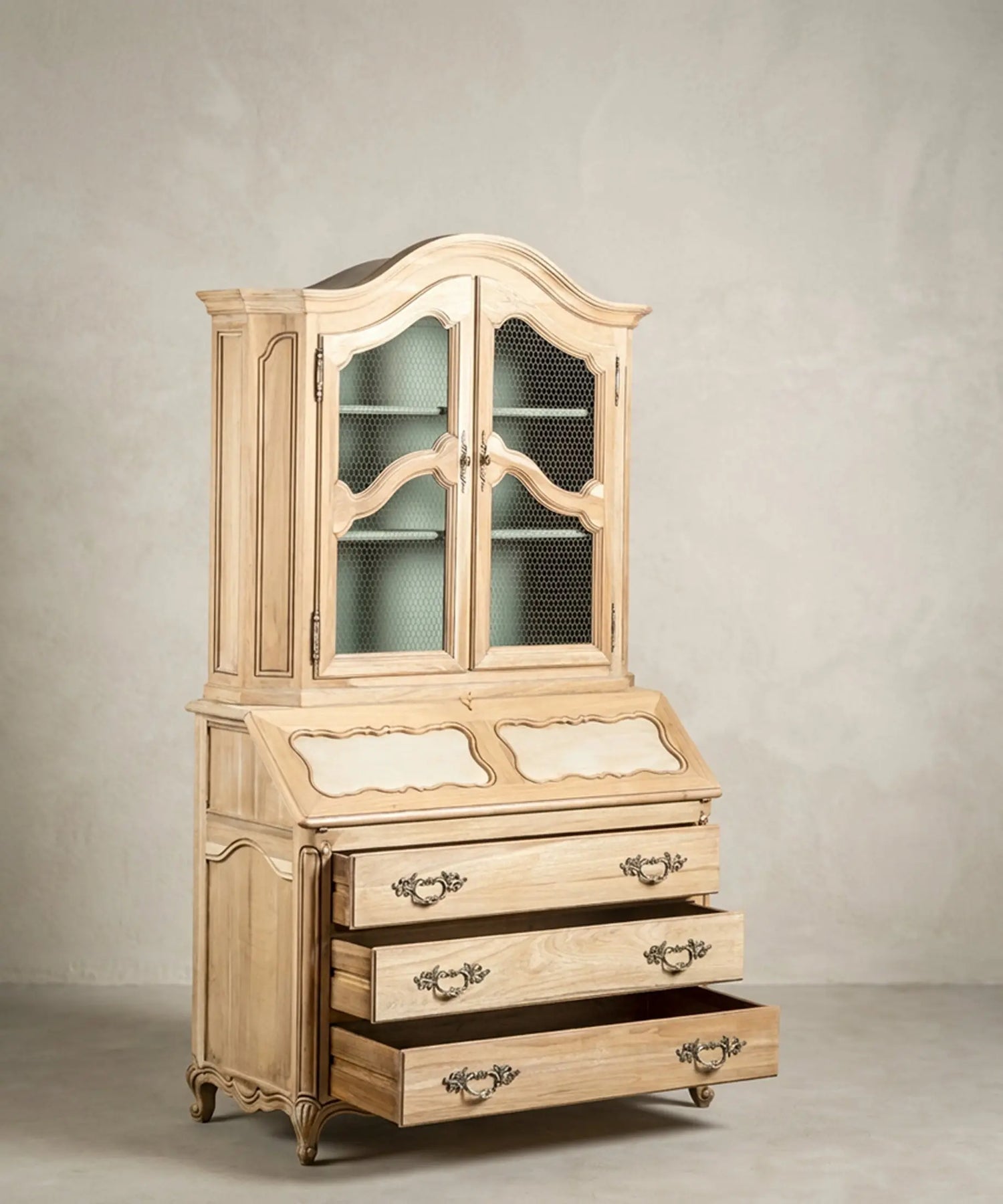 Secreter Vitrina de Madera Lavada con Escritorio Abatible | Estilo Luis XV
