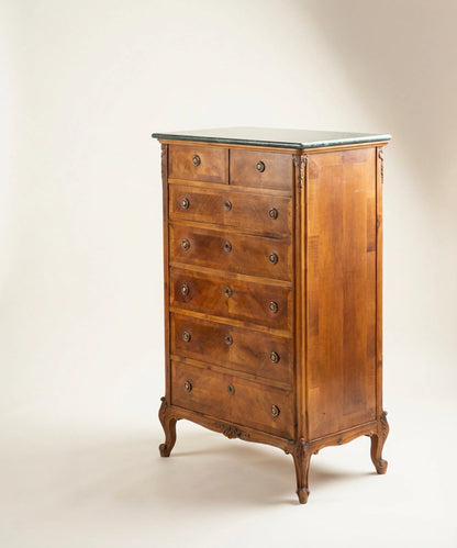 Sinfonier semanario antiguo de estilo francés con marquetería y tapa de mármol verde