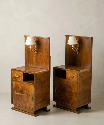 Vista lateral de mueble auxiliar Art Decó con panel alto y aplique de luz de pared.