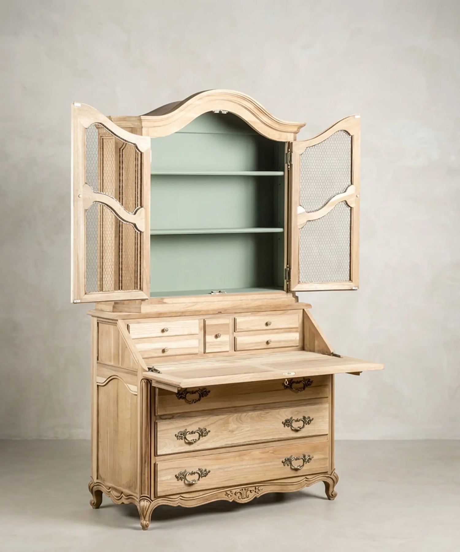 Secreter Vitrina de Madera Lavada con Escritorio Abatible | Estilo Luis XV