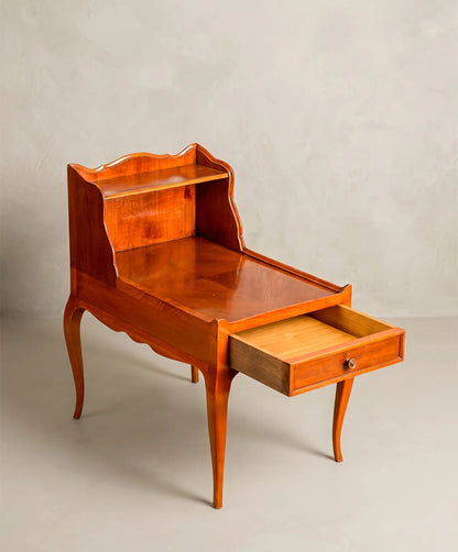 Mesa telefonera vintage con cajón abierto vista lateral mediados siglo XX — Antique Arte y Decoración