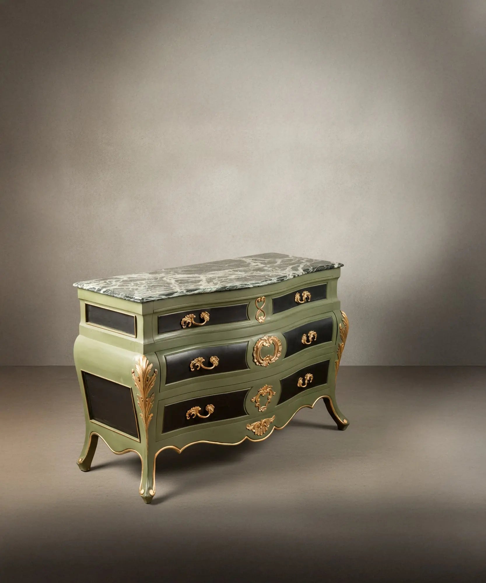 Louis XV style bombé chest of drawers in olive green and black
