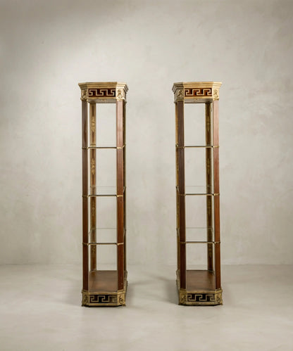 Vista lateral de estantería monumental abierta de metal y cristal de estilo neoclásico.