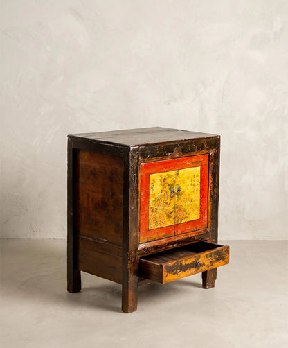 Mesita auxiliar china antigua con Pintura Original y Caligrafía (65×80 cm)