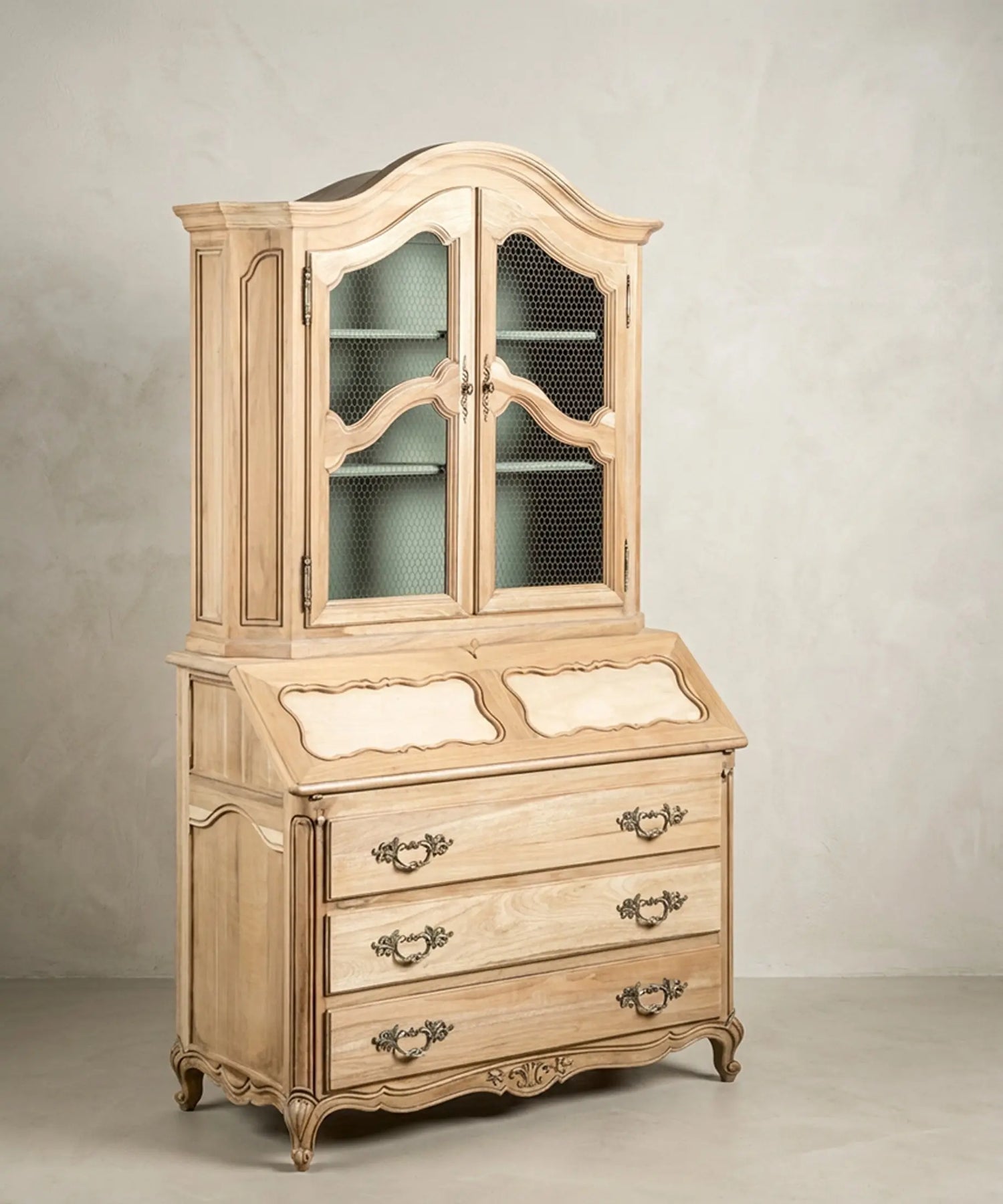 Secreter Vitrina de Madera Lavada con Escritorio Abatible | Estilo Luis XV