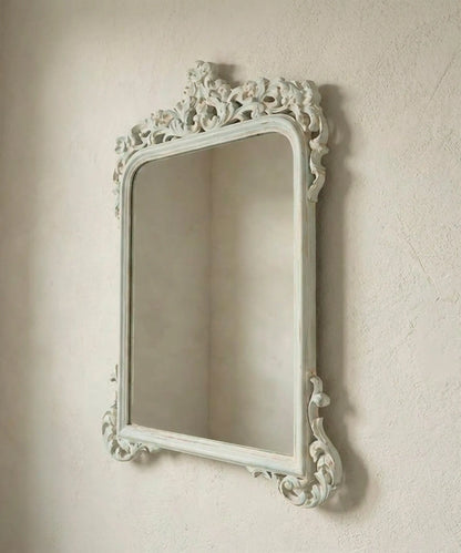 Espejo de pared tallado vista lateral profundidad de la talla y acabado azul — Antique Arte y Decoración