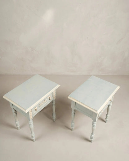 Pareja mesitas noche azul celadón crema vista superior tablero bicromo conjunto completo — Antique Arte y Decoración