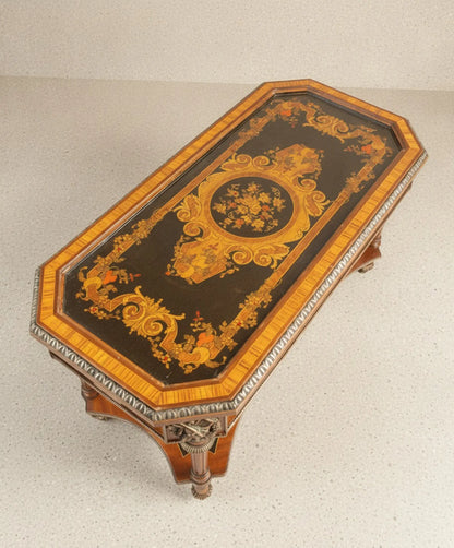 Detalle marquetería floral bajo cristal en tablero de mesa de centro Napoleón III — Antique Arte y Decoración